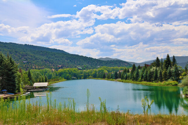 a lake surrounded by trees and mountains