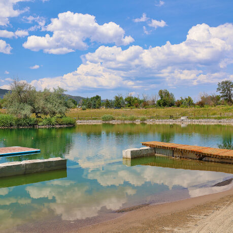 a lake with a dock and trees