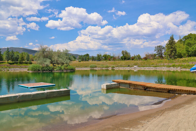 a lake with a dock and trees