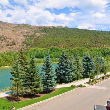 a road with trees and a river