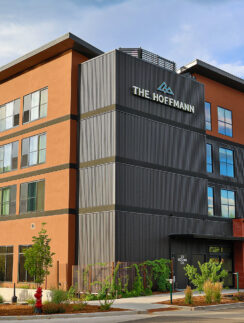 a building with a sign on the side