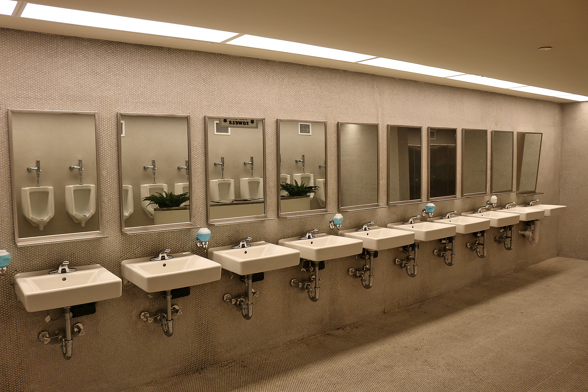a row of sinks in a public bathroom