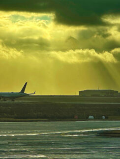 a plane on the runway