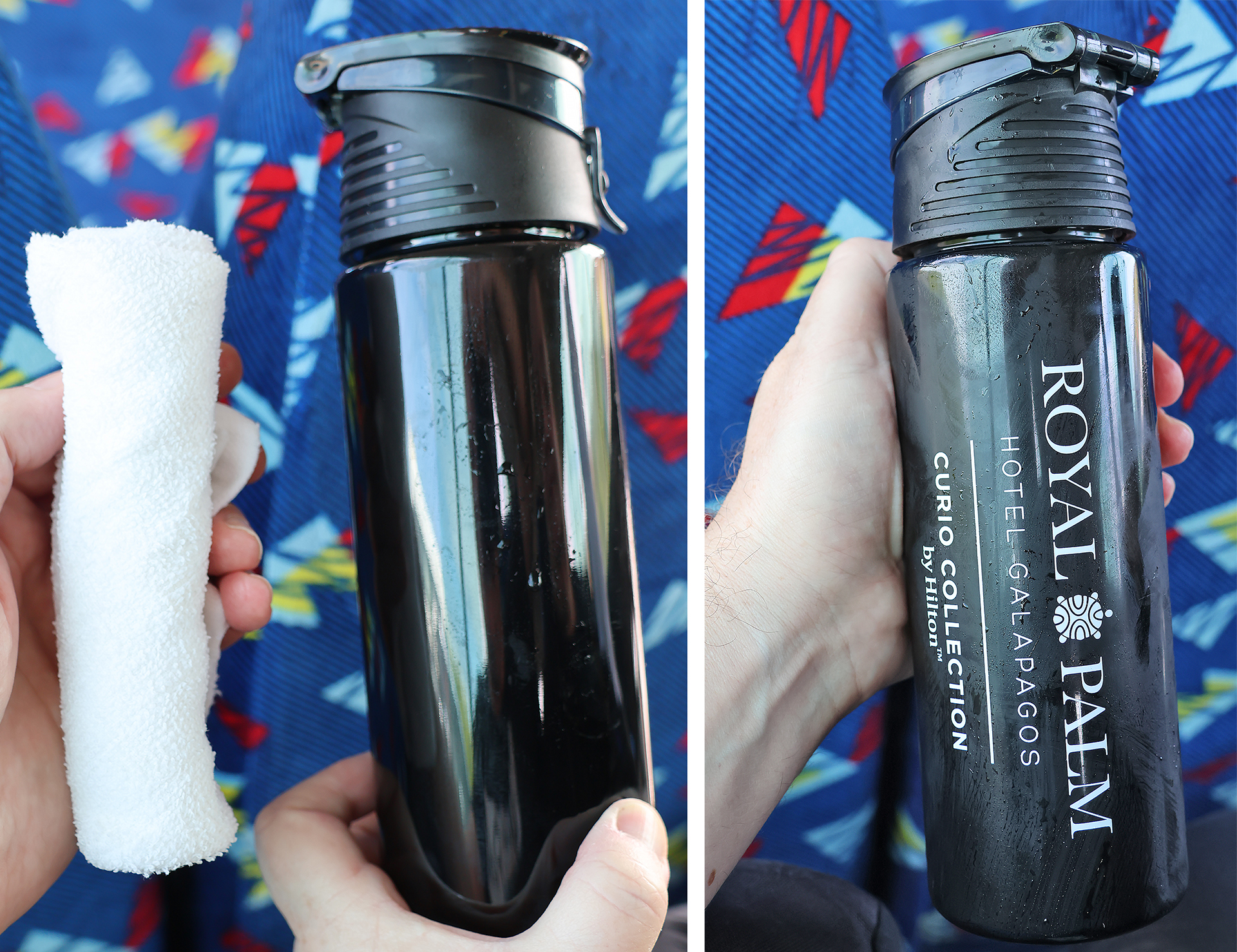 a person holding a black bottle