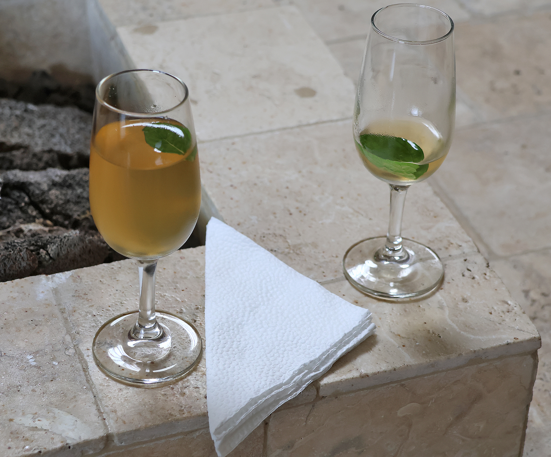 two glasses of wine next to a napkin