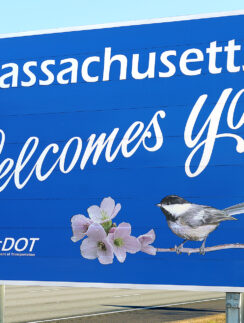 a blue sign with a bird and flowers on it