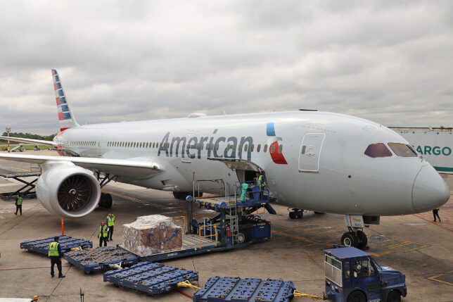 a plane with luggage being loaded with luggage
