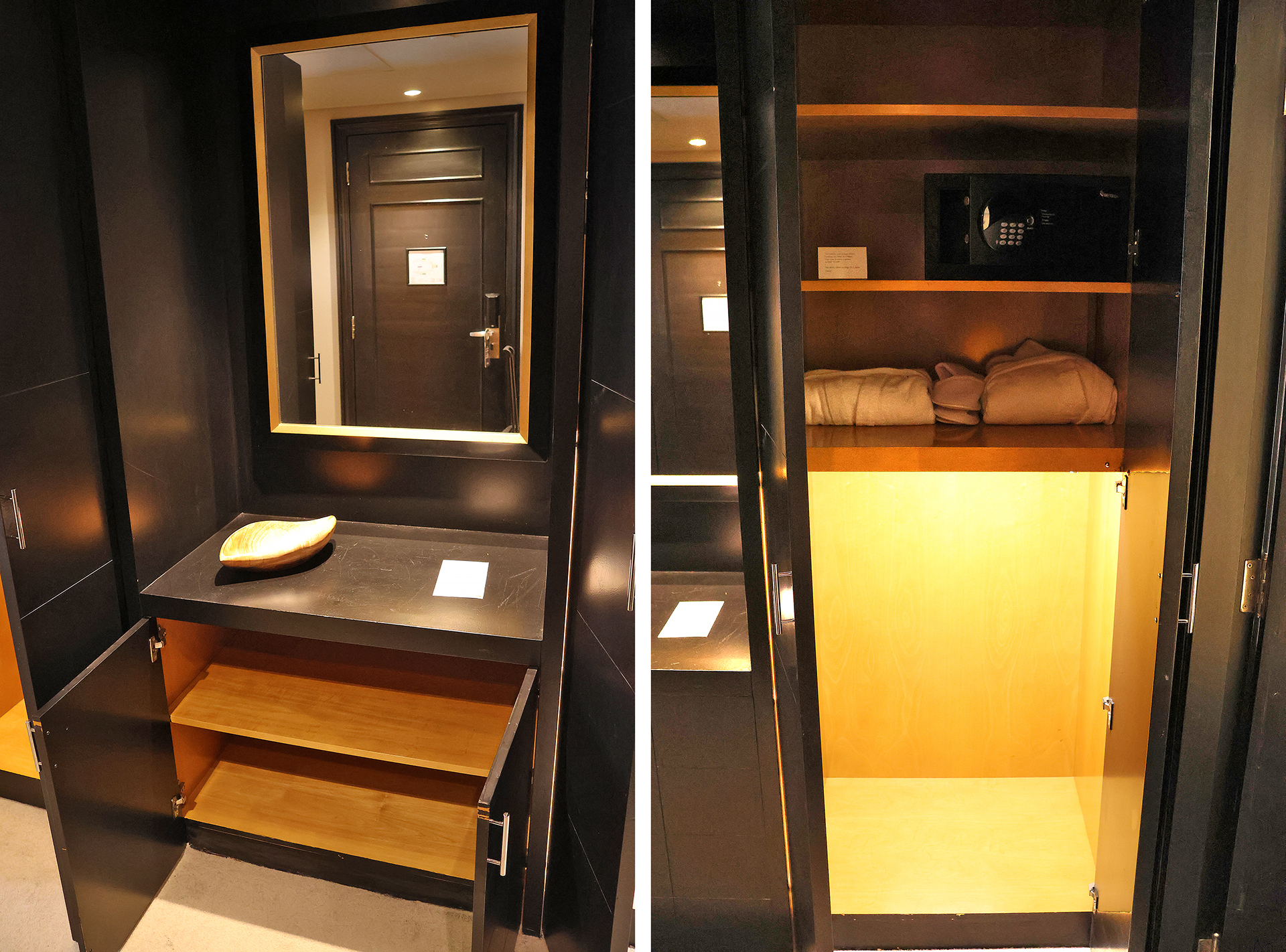 a closet with a mirror and a shelf