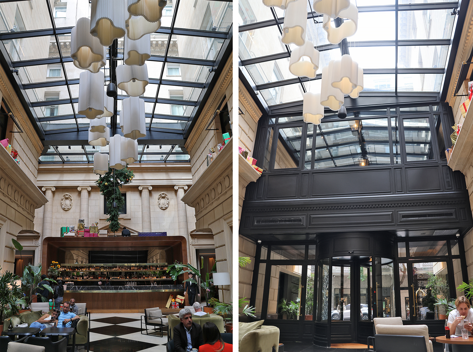 a collage of a room with a glass ceiling and a couple of people sitting