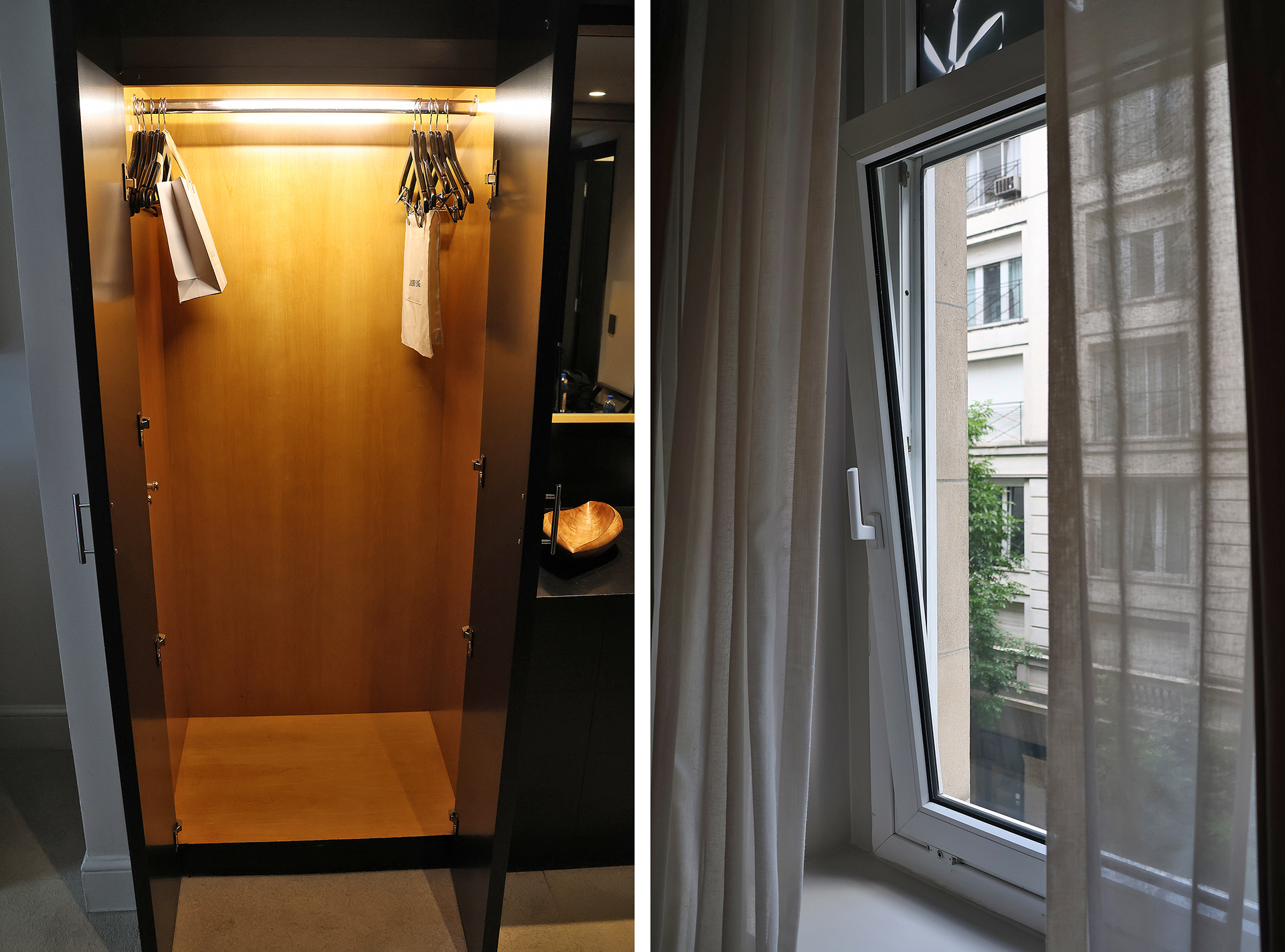 a closet with a light and a window