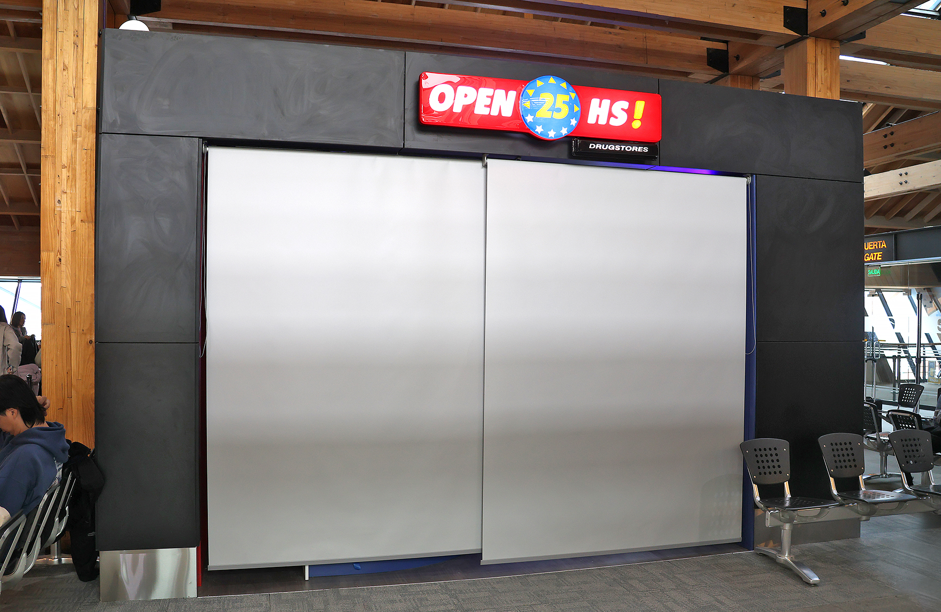 a large sliding door with a sign