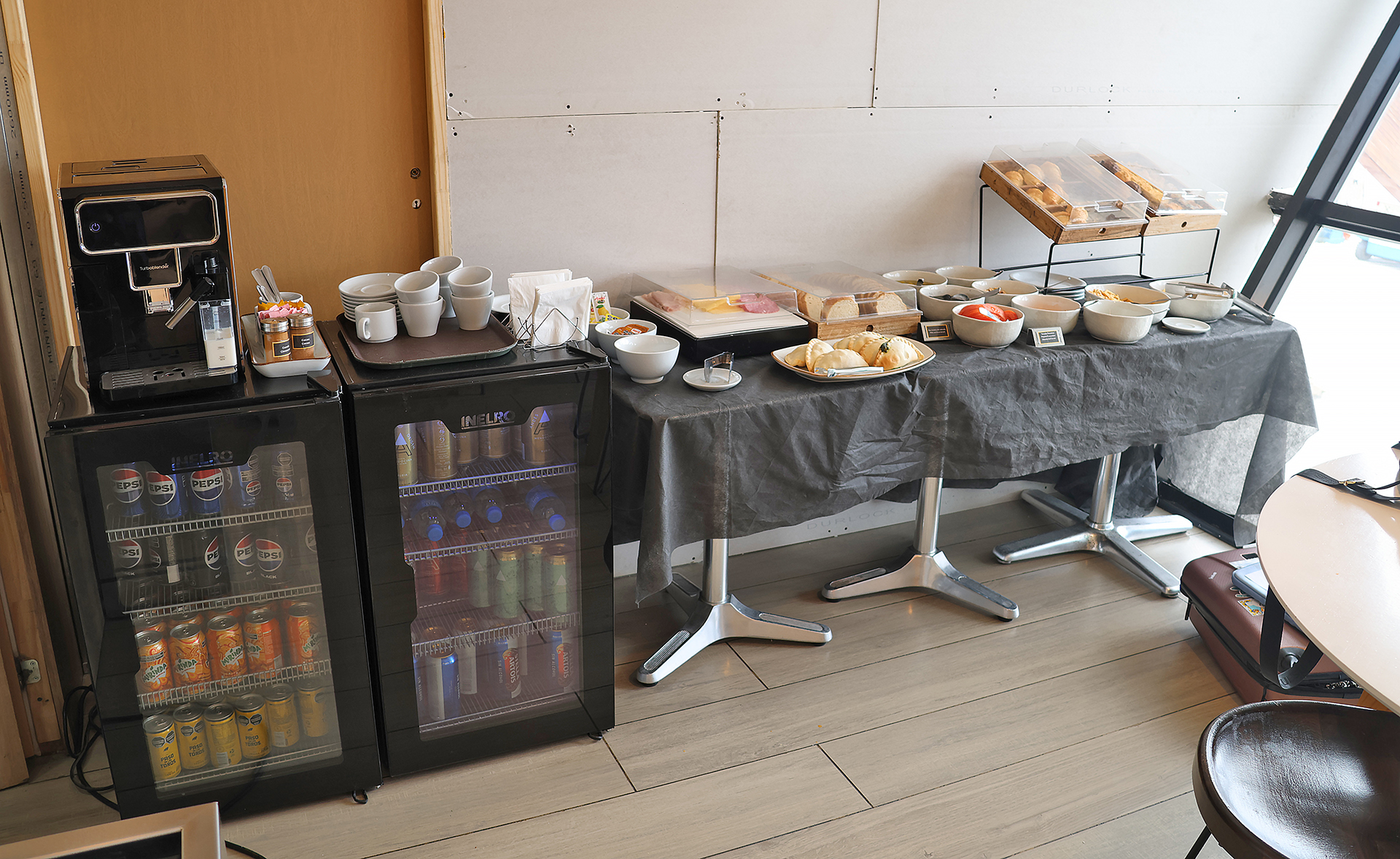 a buffet table with food on it