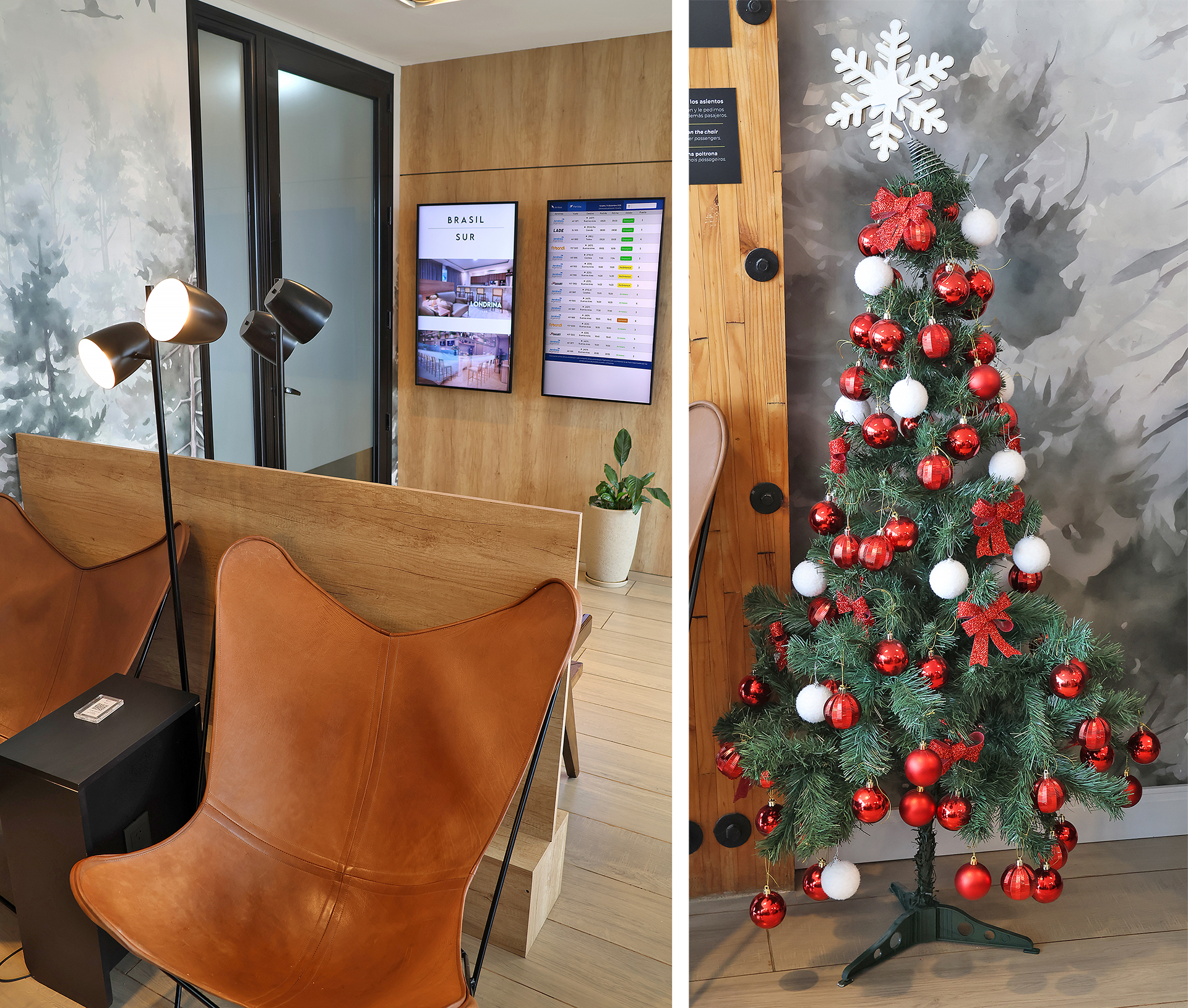 a christmas tree with ornaments and a chair