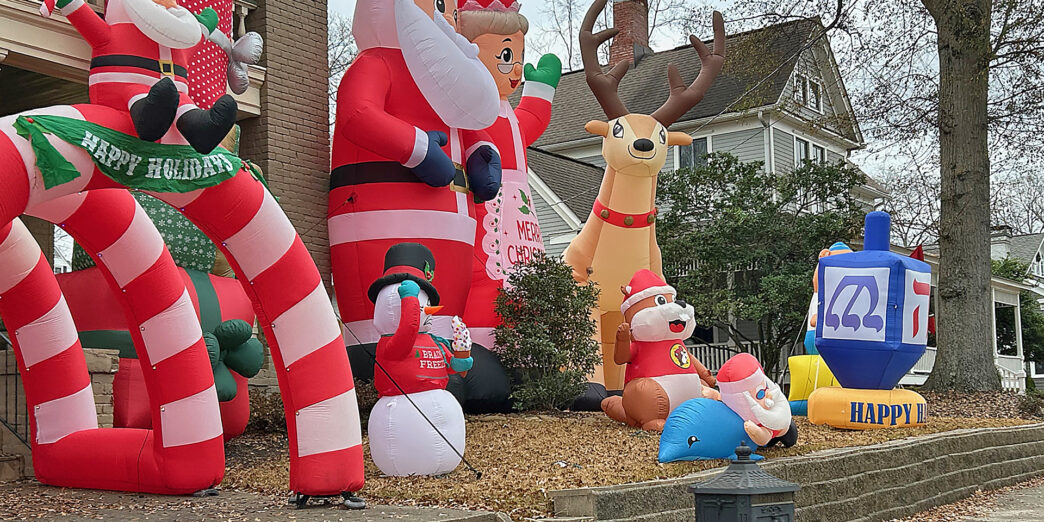 a group of inflatable christmas decorations
