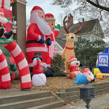 a group of inflatable christmas decorations