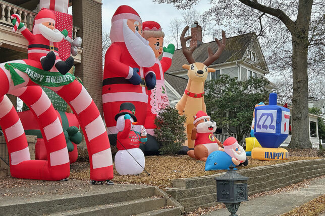 a group of inflatable christmas decorations
