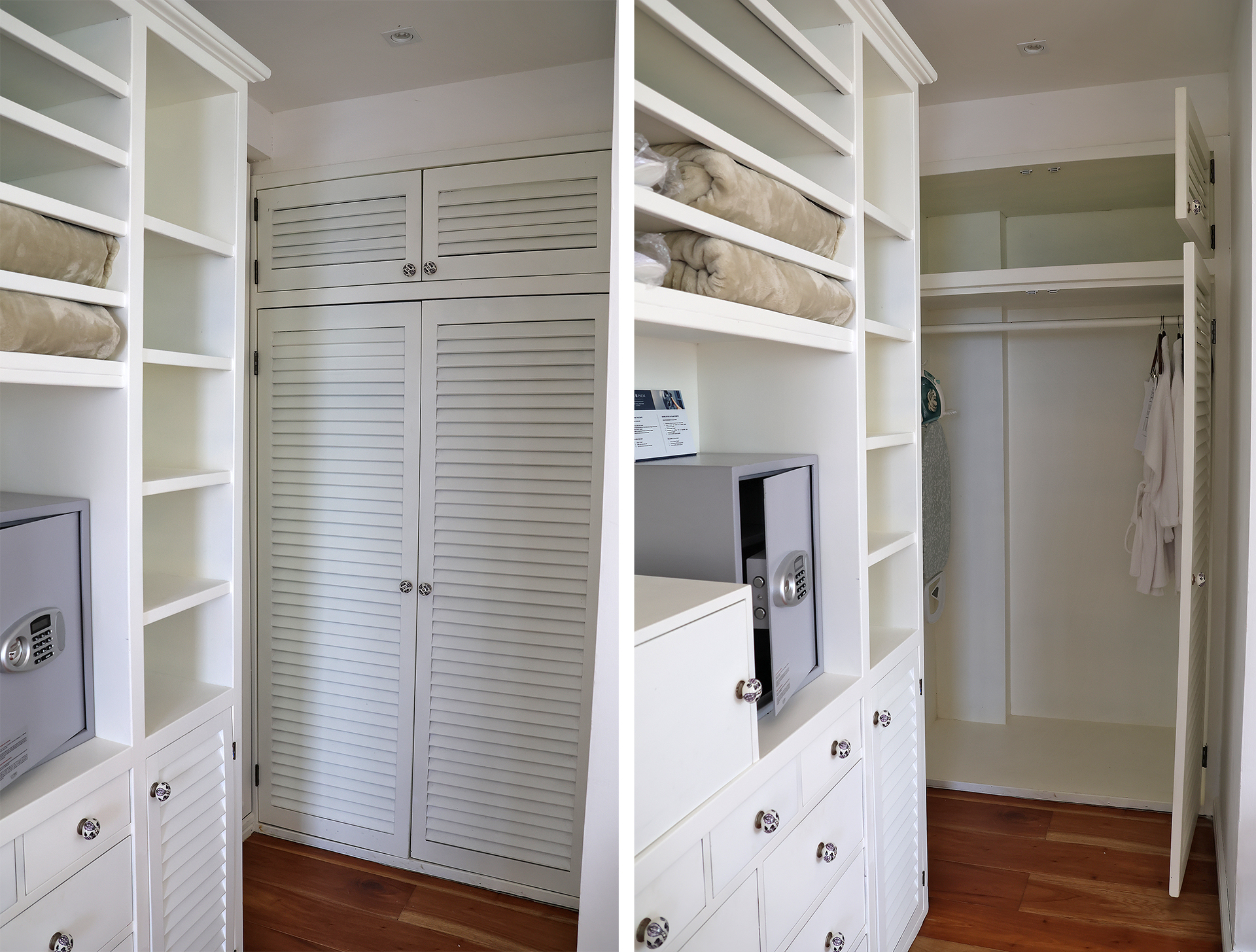 a closet with shelves and a door