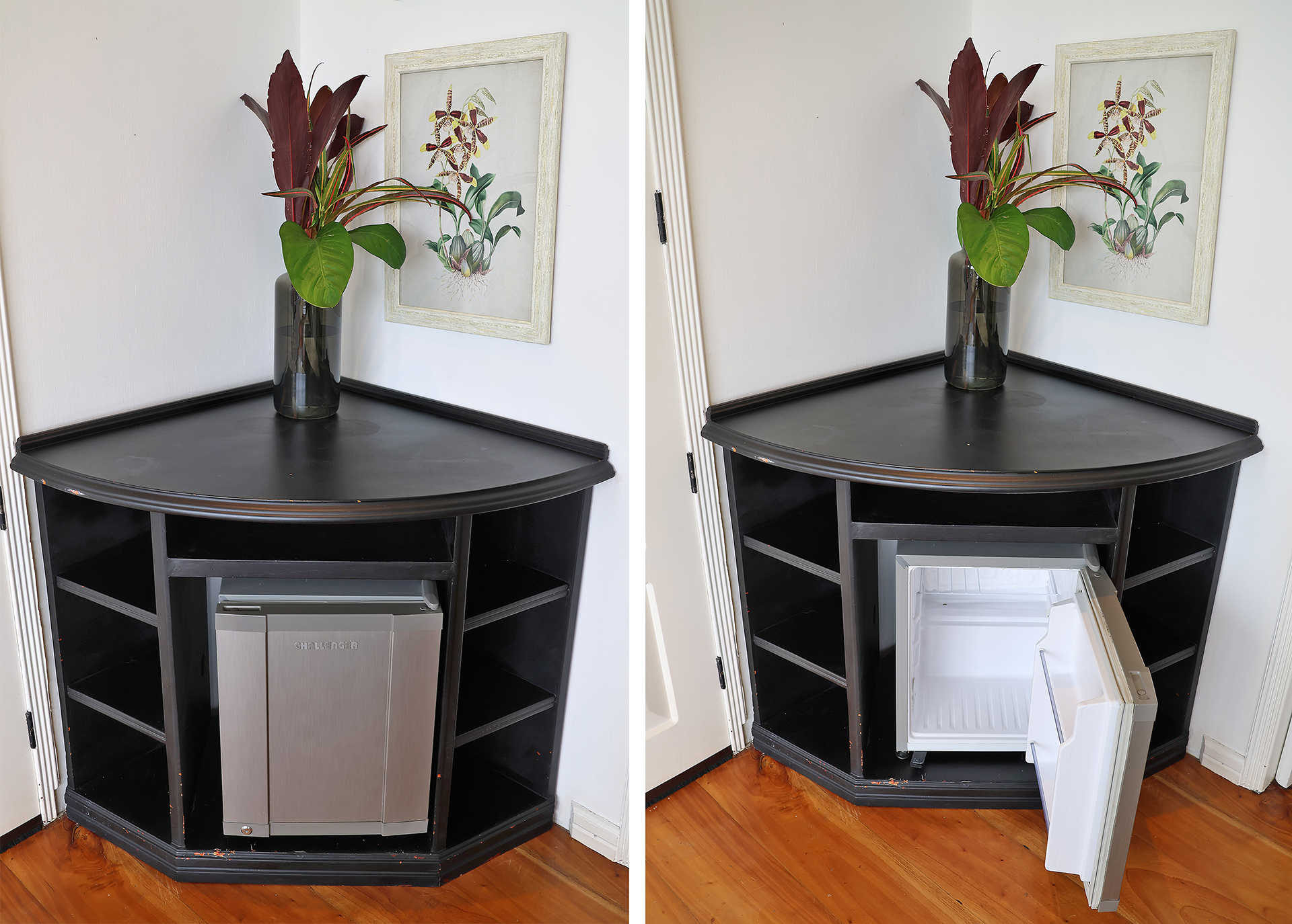 a corner shelf with a vase of flowers