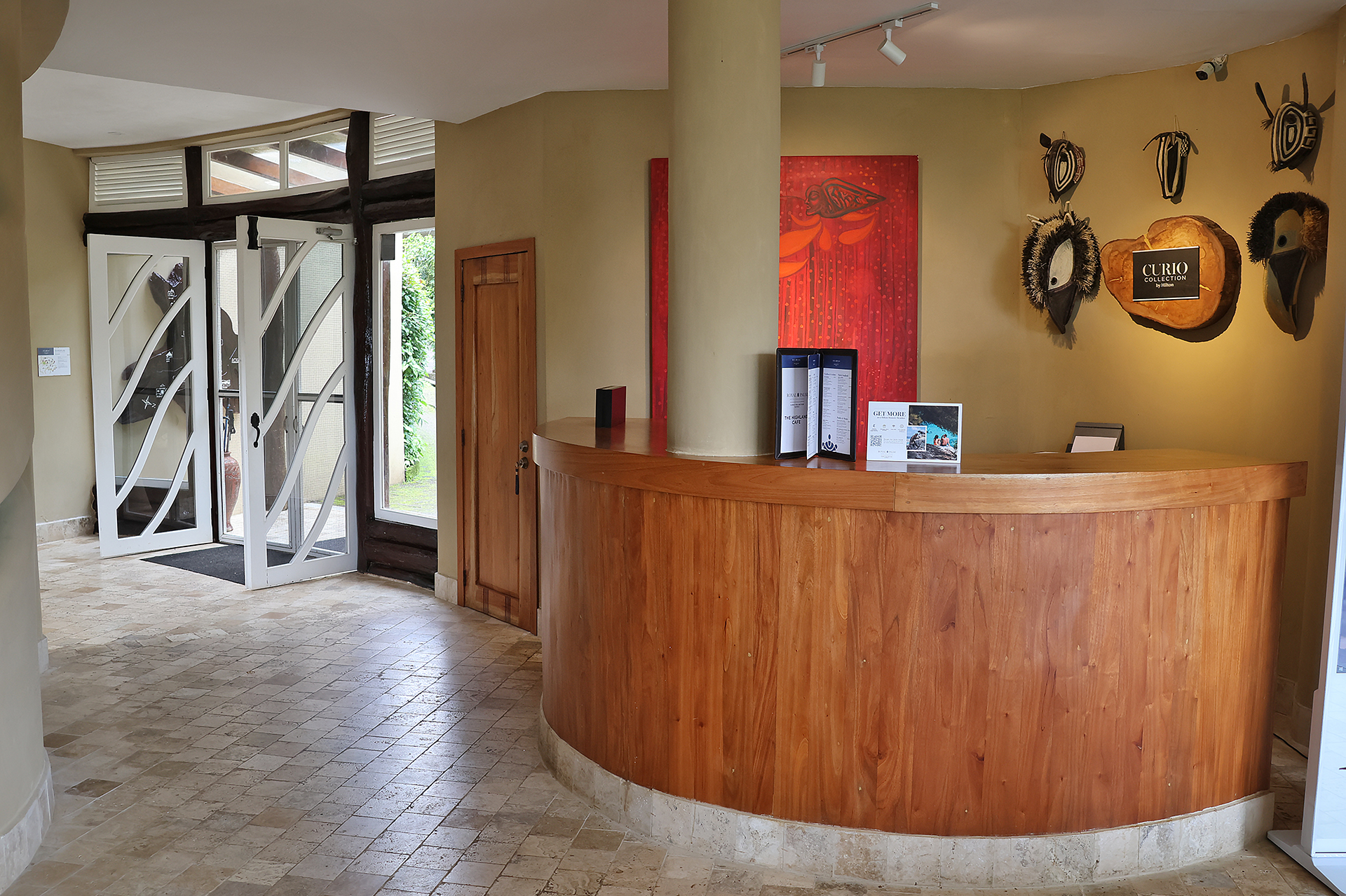 a reception desk in a hotel