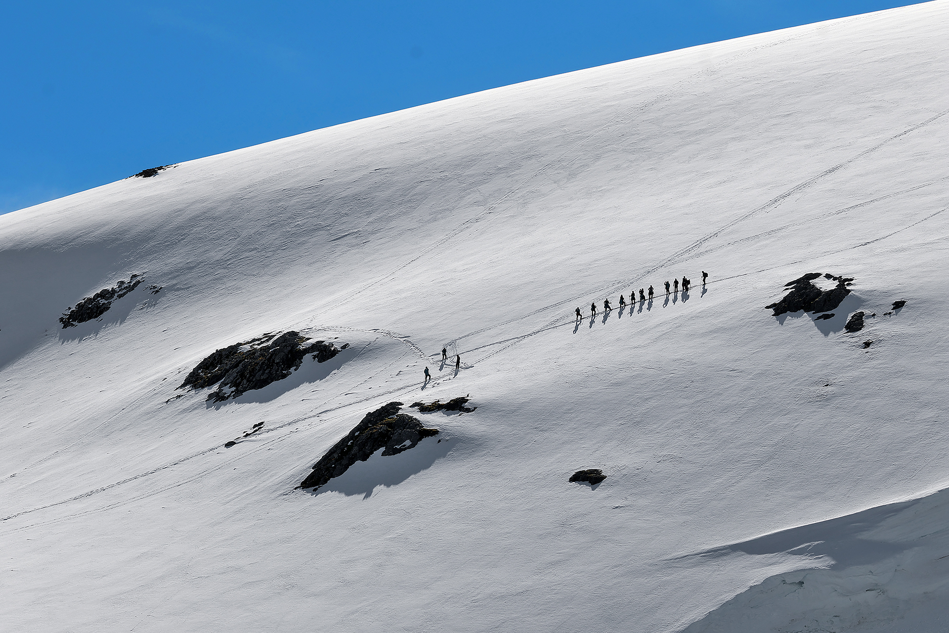 a group of people walking on a snowy mountain
